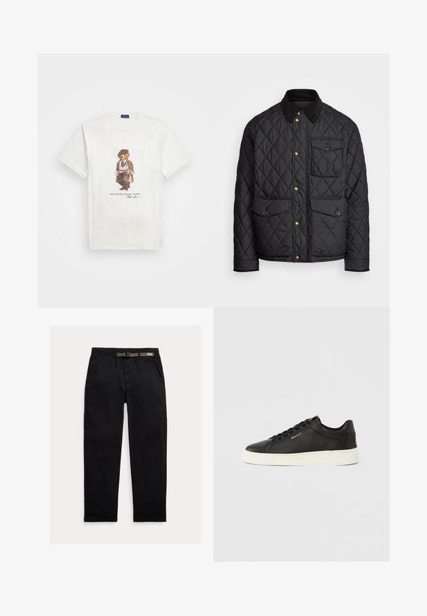 Melnā quiltota jaka ar velveteena apkakli, zeltītām spiedpogas, divām priekšējām kabatām un kabatu kreisajā pusē, ar logotipa uzlīmi.; Balts īsām piedurknēm T-krekls ar grafiku, kurā attēlots lācis vintage apģērbā un teksts "POLO BEAR by RALPH LAUREN" zemāk.; Melnas bikses, izgatavotas no viegla auduma, ar elastīgu jostu un integrētu zaļu jostu, taisna piegriezuma un sānu kabatām.; Melni ādas sporta apavi ar baltu gumijas zoli, plakanām šnurēm un sānu logotipu. Gluda tekstūra un apaļa purngala dizains.