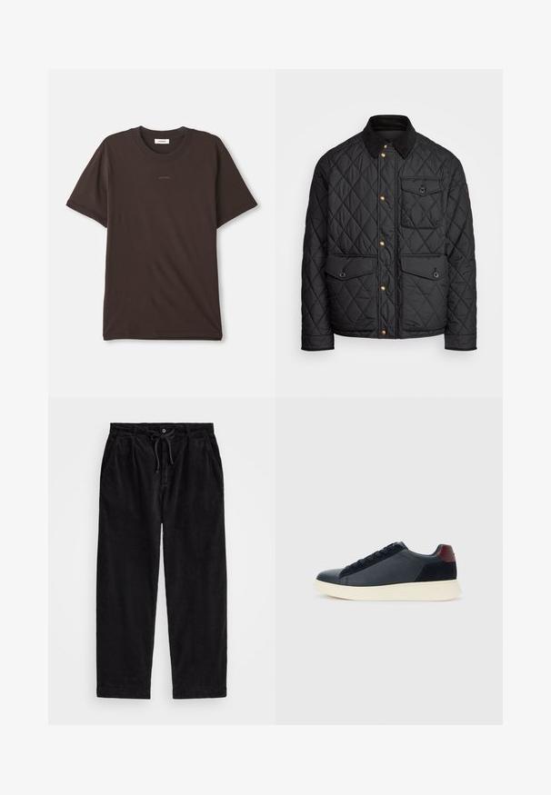 Crni quiltani kaput s ovratnikom od fiksa, zlatnim dugmadi na preklop, dva prednja džepa i džepom s lijeve strane, s logom na zakrpi.; Tamno smeđi kratki rukav T-maica s okruglim izrezom s logotipom "SANDRO" u središtu prsnog dijela i oznakom unutar izreza.; Crne kordura hlače s opuštenim krojem, koje sadrže elastičnu gumicu s vezicom i bočne džepove. Tkanina pokazuje rebrastu teksturu.; Niske muške tenisice od crne kože i antilopa s bordo petnom oznakom i bijelim gumenim potplatom, prikazane s vanjske strane.