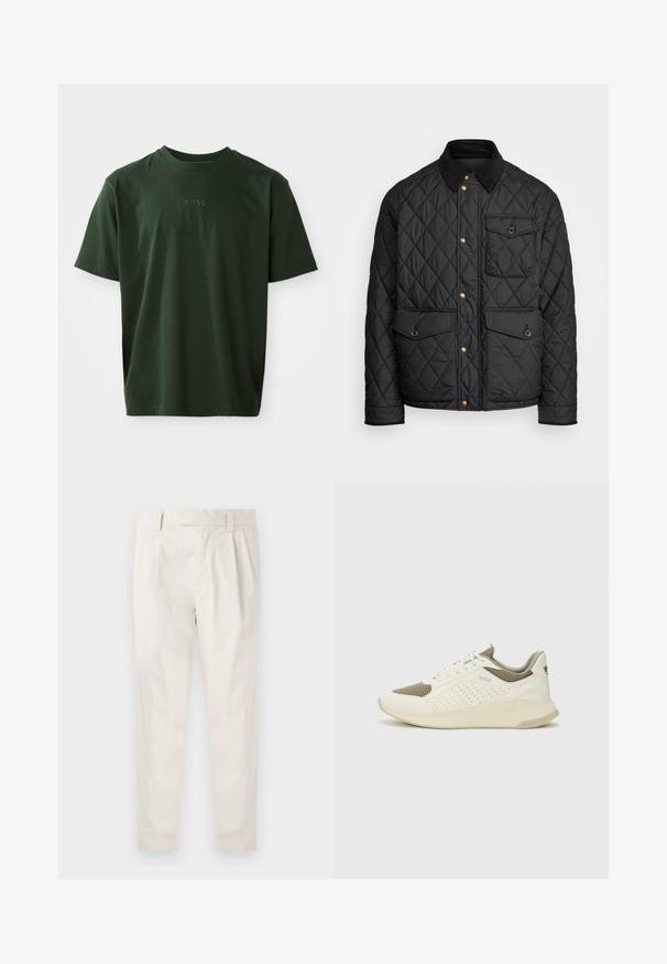 Jachetă neagră matlasată cu gulere din catifea, nasturi aurii, două buzunare frontale și un buzunar pe partea stângă, având un patch cu logo.; Tricou scurt cu mânecă, de culoare verde închis, fabricat dintr-un material moale. Prezintă un guler rotund și un logo „BOSS” discret embosat pe partea din față.; Pantaloni albi plisati, cu o croială ajustată, având o textură netedă, bucle pentru curea și picioare conice. Fără buzunare vizibile sau modele.; Tenis sportivi alb și bej deschis, cu un înveliș din plasă, detalii perforate și o talpă intermediară texturată, având marcaj pe călcâi.