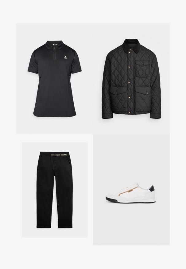 Černá prošívaná bunda s kordovým límcem, zlatými patentkami, dvěma předními kapsami a jednou kapsou na levé straně, která obsahuje nášivku s logem.; Černé polo tričko vyrobené z látky odvádějící vlhkost, s límcem na zip, krátkými rukávy a diskrétním logem na hrudi.; Černé kalhoty vyrobené z lehkého materiálu, s elastickým pasem a integrovaným zeleným páskem, rovného střihu a bočními kapsami.; Bílé sportovní boty s akcenty z meshe a kůže. Mají zlaté logo "BOSS", texturované boční panely a černý podpatek. Gumová podrážka.