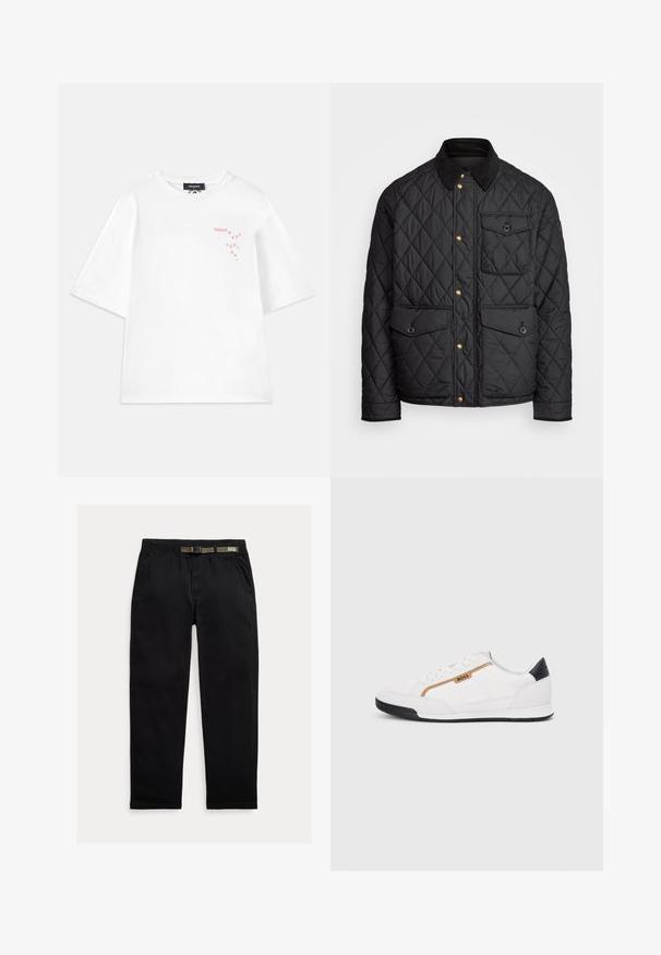 Chaqueta negra acolchada con cuello de pana, botones de presión dorados, dos bolsillos frontales y un bolsillo en el lado izquierdo, con un parche de logo.; Dsquared2 LOOSE FIT TEE - Camiseta estampada - white; Pantalones negros de tela ligera, con una cintura elástica que incluye un cinturón verde integrado, corte recto y bolsillos laterales.; Zapatillas deportivas blancas con acentos de malla y cuero. Presentan un logotipo dorado de "BOSS", paneles laterales texturizados y una tapa de talón negra. Suela de goma.