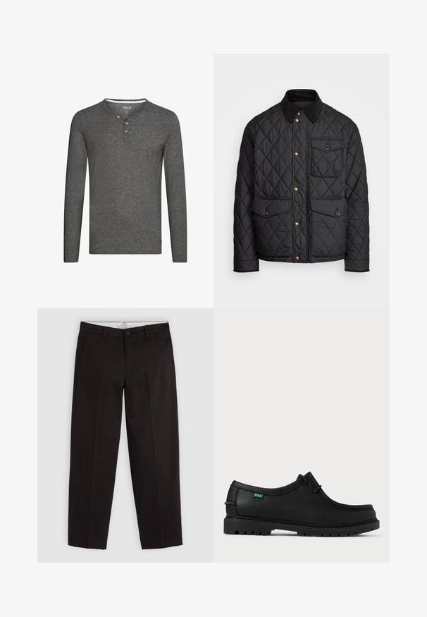 Črna prešita jakna s čimprijem ovratnikom, zlatimi gumbki, dvema sprednjima žepoma in enim žepom na levi strani, ki vsebuje žepno nalepko.; Siva majica z dolgimi rokavi in henley izrezom, z tremi lesenimi gumbi in majhno oznako na dnu levo. Mehka, texturirana tkanina.; Črni ravni chinos hlače z zankami za pas, gumbom za zapiranje in stranskimi žepi, prikazani na svetlo sivi podlagi.; Črne usnjene čevlje z nizkim profilom, okroglo konico in strukturirano podplatom. Imajo zeleno oznako "POLO" in kontrastno šivanje ob robu.