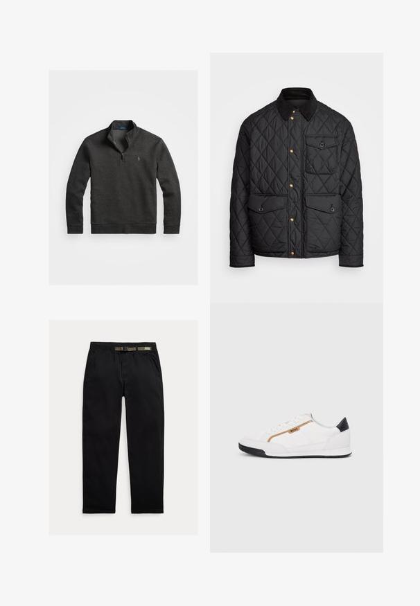 Fekete steppelt dzseki corduroy gallérral, arany snap gombokkal, két elülső zsebbel és egy bal oldali zsebbel, logó jelvénnyel.; Polo Ralph Lauren DOUBLE-KNIT QUARTER-ZIP PULLOVER - Hosszú ujjú felső - windsor heather; Fekete nadrág, könnyű anyagból készült, elasztikus derékpánttal és beépített zöld övvel, egyenes lábvonallal és oldalsó zsebekkel.; Fehér sportcipők, hálós és bőr díszítésekkel. Kiemelkedő arany "BOSS" logó, textúrázott oldalpanelekkel és fekete sarokkal. Gumi talp.