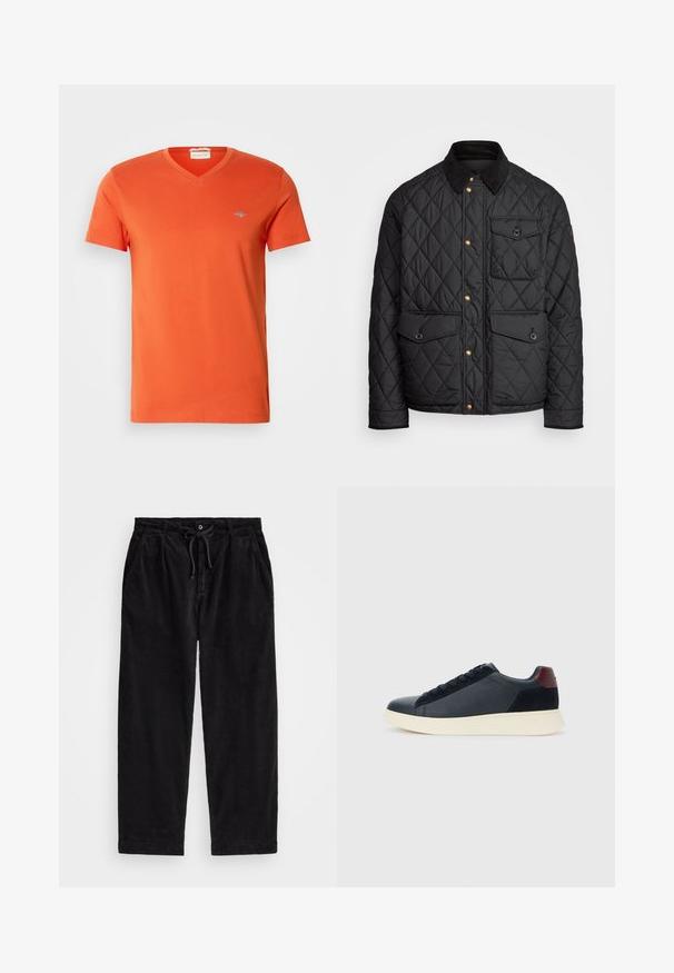 Črna prešita jakna s čimprijem ovratnikom, zlatimi gumbki, dvema sprednjima žepoma in enim žepom na levi strani, ki vsebuje žepno nalepko.; Oranžna bombažna majica s kratkimi rokavi in V-izrezom, z majhnim logotipom na prsih. Gladka tekstura in enakomeren šiv.; Črne kord pants z udobnim krojem, ki imajo elastičen pas z vrvico in stranske žepke. Tkanina prikazuje rebrasto teksturo.; Nizke moške tenisice iz črnega usnja in semiša z vijoličnim petnim delom in belim gumijastim podplatom, prikazane s sprednje strani.