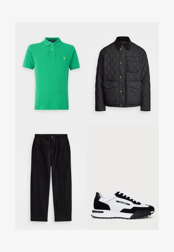 Casaco acolchoado preto com colarinho de veludo cotelê, botões de pressão dourados, dois bolsos frontais e um bolso no lado esquerdo, apresentando um patch de logotipo.; Polo Ralph Lauren THE ICONIC MESH POLO SHIRT - Polo - golf green; Calças de veludo cotelê pretas com um ajuste relaxado, apresentando uma cintura elástica com cordão e bolsos laterais. O tecido apresenta uma textura canalizada.; Ténis com um cabedal em camurça preta e pele branca, apresentando uma sola em borracha preta, atacadores brancos e um logo "POLO SPORT" na lateral.
