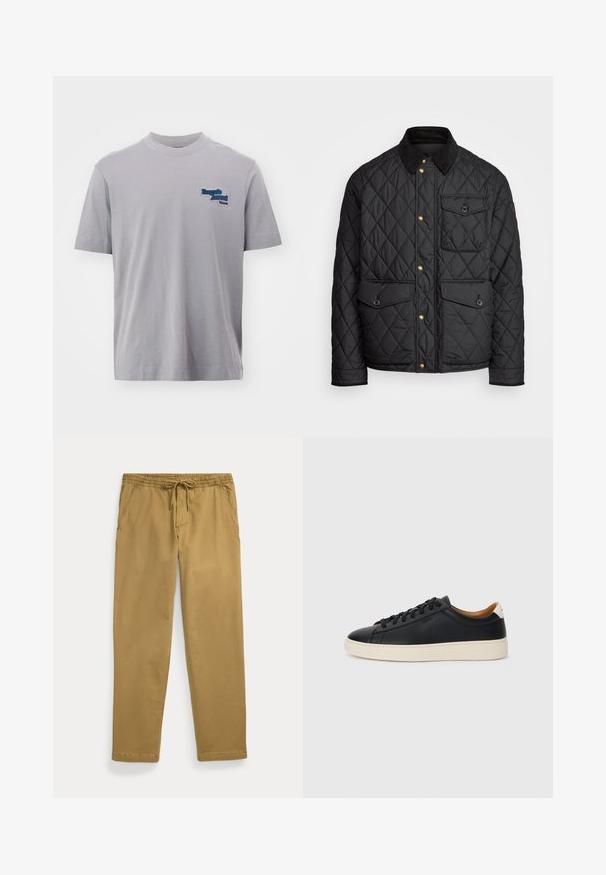 Melnā quiltota jaka ar velveteena apkakli, zeltītām spiedpogas, divām priekšējām kabatām un kabatu kreisajā pusē, ar logotipa uzlīmi.; Emporio Armani Apdrukāts T-krekls - chinagrey; Khaki taisniņas ar taisnu kāju griezumu, elastīgu jostu un priekšējo auklu, ar slīpām priekšējām kabatām un šuvēm apakšā.; Melni ādas sporta apavi ar gludu tekstūru, bēša krāsas gumijas zole, auklu aizdare un kontrastējošs papēža akcents.