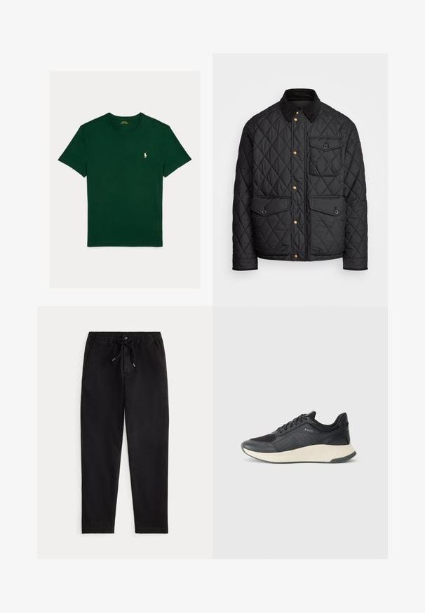 Giacca nera trapuntata con colletto in corduroy, bottoni a pressione dorati, due tasche frontali e una tasca sul lato sinistro, con un patch del logo.; Polo Ralph Lauren CUSTOM SLIM FIT JERSEY CREWNECK T-SHIRT - T-shirt basic - moss agate; Pantaloni casual neri con vita elastica, laccio regolabile, bottone frontale e tasche laterali, esposti su uno sfondo neutro.; Sneaker atletica nera con tomaia in rete e perforazioni, un intersuola testurizzata in crema e una suola in gomma per una buona trazione.