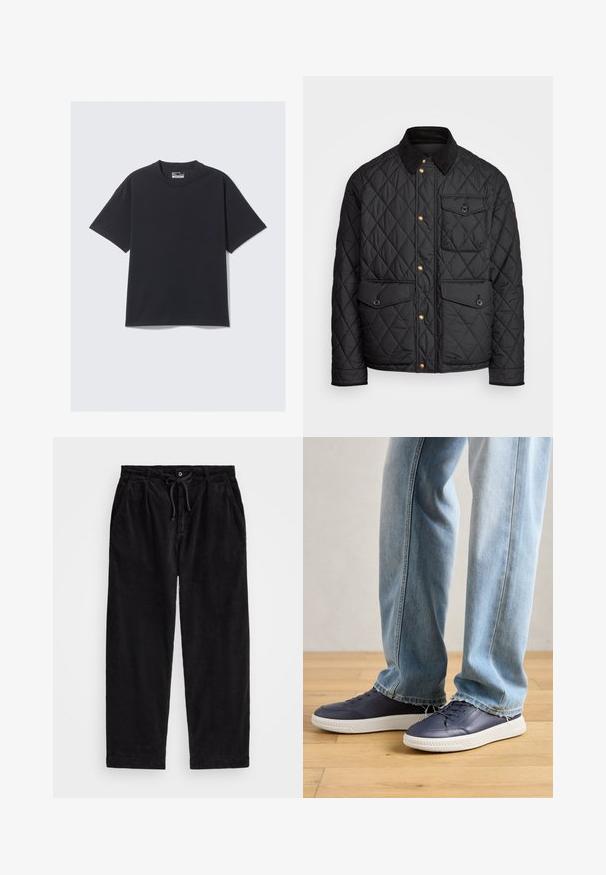 Black quilted jacket with a corduroy collar, gold snap buttons, two front pockets, and a pocket on the left side, featuring a logo patch.; Black cotton T-shirt featuring a classic crew neck, short sleeves, and a relaxed fit. Smooth texture with minimal stitching detail.; Black corduroy pants with a relaxed fit, featuring an elastic waistband with a drawstring, and side pockets. Fabric shows ribbed texture.; Navy leather sneakers with white rubber soles, featuring a low-top design, lace closure, and minimalistic accents. Worn with light blue jeans.