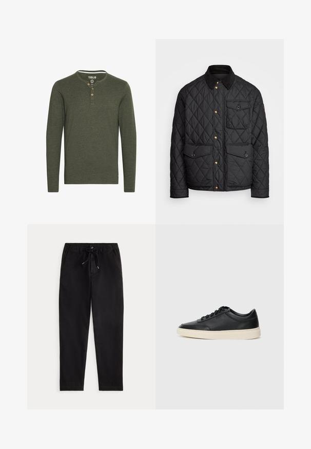 Zwarte gewatteerde jas met een corduroy kraag, gouden drukknoopsluitingen, twee voorzakken en een zak aan de linkerkant, voorzien van een logo patch.; Solid SDVOLKO - Longsleeve - olive; Zwarte casual broek met elastische tailleband, trekkoord, knoop aan de voorkant en zijzakken, afgebeeld op een effen achtergrond.; Zwarte leren sneaker met lage schacht, zwarte veters en off-white zool, weergegeven in zijprofiel op een witte achtergrond.