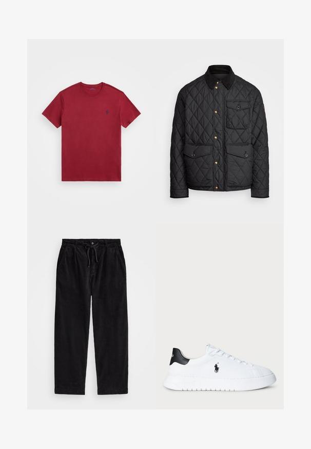 Svart quiltad jacka med en kordflöjelskrage, gyllene tryckknappar, två framfickor och en ficka på vänster sida, försedd med en logotypapplikation.; Polo Ralph Lauren CUSTOM SLIM FIT JERSEY CREWNECK T-SHIRT - T-shirt - bas - bordeaux; Svarta kordflamsbyxor med en avslappnad passform, med ett elastiskt midjeband och dragsko, samt sidofickor. Tyget har en ribbad struktur.; Vit lågtopp sneakers med svart hälflik och svart Polo Ralph Lauren-logotyp på sidan, med vita snören och tjock gummisula.
