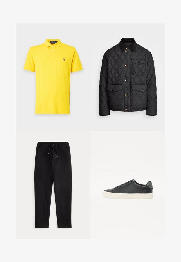 Svart quiltad jacka med en kordflöjelskrage, gyllene tryckknappar, två framfickor och en ficka på vänster sida, försedd med en logotypapplikation.; Polo Ralph Lauren THE ICONIC MESH POLO SHIRT - Piké - lemon rind; Svarta avslappnade byxor med elastiskt midjeband, snörning, framknapp och sidofickor, visade på en enfärgad bakgrund.; Svarta lädersneakers med en texturerad yta, vit gummisula, rund tå och grönt inslag vid hälen. Design med snörning genom sex öglor.