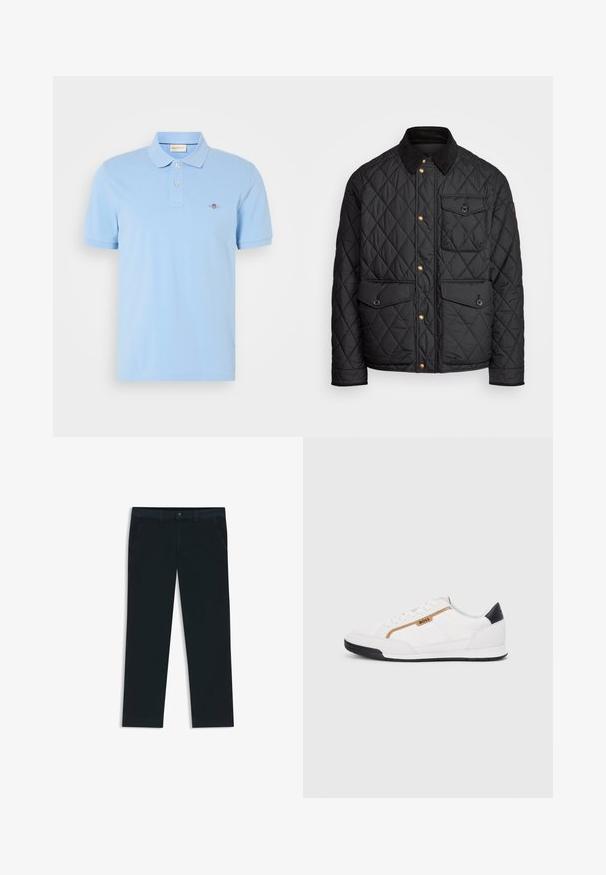 Musta tikattu takki, jossa on samettikaulus, kultaiset napit, kaksi etutaskua ja tasku vasemmalla puolella, jossa on logopatch.; Vaaleansininen puuvillapolo-paita, jossa on klassinen kaulus, kahden napin nappilista ja pieni brodeerattu logo rinnassa.; Tummansinisiä chinos-housuja, jotka on valmistettu puuvillasekoitteesta. Niissä on vyölenkit, etutaskut sekä vetoketjulla varustettu nappisulku.; Valkoiset urheilukengät, joissa on verkkokudosta ja nahkaosia. Varustettu kultaisella "BOSS"-logolla, tekstuurillisilla sivupaneeleilla ja mustalla kantapäällä. Kumikanta.