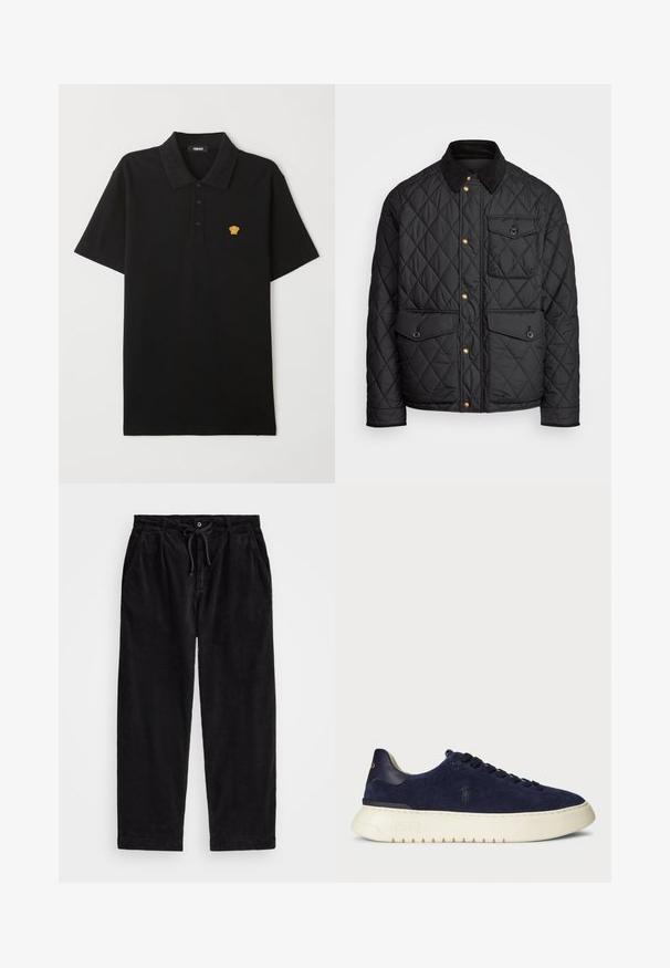 Veste noire matelassée avec un col en velours côtelé, des boutons-pression dorés, deux poches avant et une poche sur le côté gauche, avec un patch logo.; Polo shirt noir en coton, doté d'une patte de boutonnage à trois boutons et d'un logo Méduse doré sur la poitrine. Texture douce et lisse.; Pantalons en velours côtelé noir avec une coupe décontractée, dotés d'une taille élastique avec cordon de serrage et de poches latérales. Le tissu présente une texture côtelée.; Baskets basses en suède bleu marine avec une surface texturée, semelle en caoutchouc et lacets ton sur ton, présentant un petit logo sur le côté et au talon.
