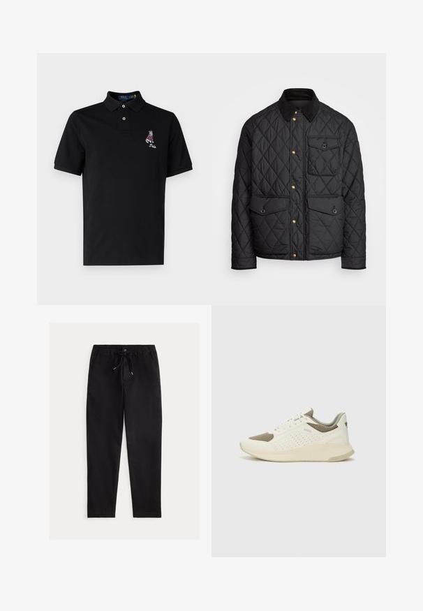 Čierna prešívaná bunda s kordovým golierom, zlatými cvokovými gombíkmi, dvoma prednými vreckami a vreckom na ľavej strane, so záplatou loga.; Čierne polo tričko vyrobené z bavlny. Krátke rukávy, trojotáčková voľba a vyšívané logo na ľavej hrudi. Klasický strih a hladká textúra.; Čierne, voľné nohavice s elastickým pásom, šnúrkou na stiahnutie a prednými vreckami. Vyrobené z hladkej, ľahkej tkaniny.; Biele a svetlo béžové športové tenisky s hornou časťou z mriežkového materiálu, perforovanými detailmi a textúrovanou medzipodrážkou s logom na päte.