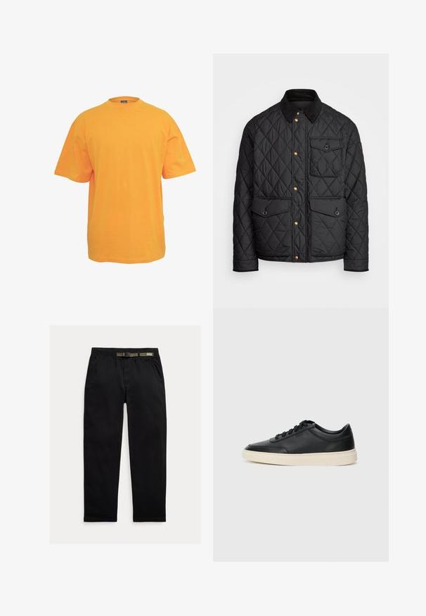 Musta tikattu takki, jossa on samettikaulus, kultaiset napit, kaksi etutaskua ja tasku vasemmalla puolella, jossa on logopatch.; Oranssi puuvillapaita, jossa on pyöreä kaula-aukko, lyhyet hihat ja rento istuvuus. Ei kuvioita tai painatuksia. Sujuva tekstuuri.; Mustat housut, jotka on valmistettu kevyestä kankaasta. Niissä on joustava vyötärö, johon on integroitu vihreä vyö, suora lahje ja sivutaskut.; Musta matalavartinen nahkastretchu, jossa on mustat nauhat ja vaaleanharmaa pohja, esitetty sivuprofiilissa valkoista taustaa vasten.