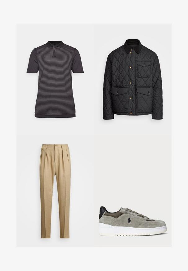 Melnā quiltota jaka ar velveteena apkakli, zeltītām spiedpogas, divām priekšējām kabatām un kabatu kreisajā pusē, ar logotipa uzlīmi.; Melna polo krekls ar īsām piedurknēm, strukturēta auduma, ar horizontālām svītrām, klasisku apkakli un pogu rinda ap kaklu.; Bēšas lina bikses ar taisnu griezumu, ar divām priekšējām krokām, pogu aizdari un sānu kabatām. Strukturēta auduma virsma ar gludu apdari.; Pelēki zamša sporta apavi ar teksturētu virsu, kontrastējošu melnu papēdi, baltu zoli un izšūtu logotipu. Izmantošanai paredzētas šņorēšanas dizains ar sešām acīm.