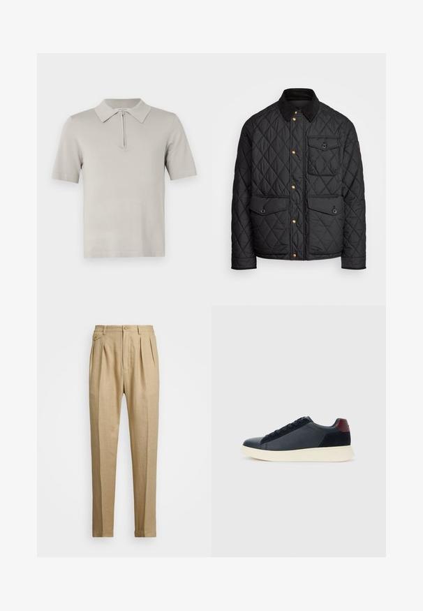 Must mustriga jakk, millel on sametkaelus, kuldsed nööbid, kaks eesmist taskut ja tasku vasakul küljel, millel on logotäht.; Heled hall polo särk, millel on kraega kaelus ja lühikesed varrukad. Valmistatud siledast, tekstuuriga kangast. Omab pool tõmblukk.; Bežid linasest püksid sirge lõikega, kahel esisel peenral, nööbiga kinnitamisel ja küljetaskutega. Tekstuuritud kangas sileda viimistlusega.; Madala stiilis meeste toss mustast nahast ja seemisnahast, marooni värvi kanna detailiga ja valge kummist tallaga, vaatega välisküljelt.
