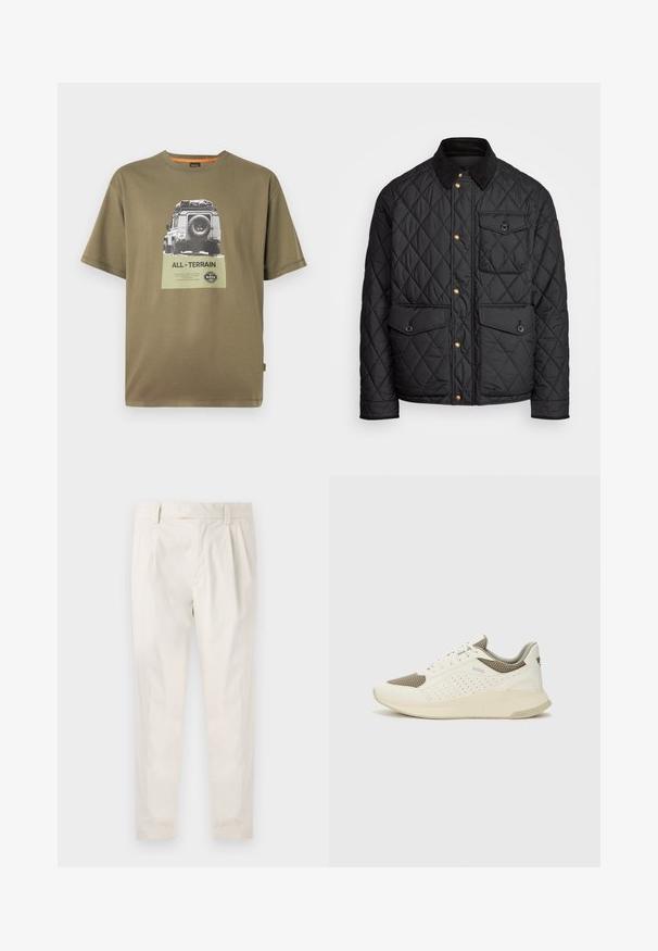 Melnā quiltota jaka ar velveteena apkakli, zeltītām spiedpogas, divām priekšējām kabatām un kabatu kreisajā pusē, ar logotipa uzlīmi.; Zaļš kokvilnas t-krekls ar īsām piedurknēm, ar grafisku attēlu, kurā attēlots transports un uz kvadrātveida plāksnītes ir teksts "VISUREIŽA".; Baltas, pleitēts bikses ar piegriezumu, kas pielāgots figūrai, ar gludu tekstūru, jostas cilpām un sašaurinātiem galiem. Nav redzamu kabatu vai rakstu.; Baltas un gaiši bež sporta apavi, ar sieta augšdaļu, perforētiem detaļām un teksturētu vidusdaļu ar zīmolu uz papēža.