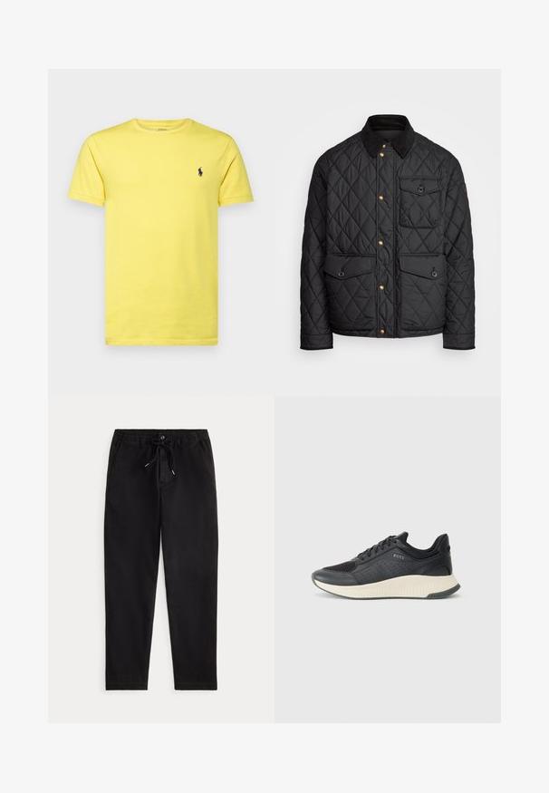 Juodas margintas paltas su kanapių apykakle, auksiniais spaudžiamais mygtukais, dviem priekinių didelėms kišenėms ir kišene kairėje pusėje, su logotipo etikete.; Geltona medvilnės marškinėlių su trumpomis rankovėmis, apvaliu kaklu ir purpuriniu siuvinėtu logotipu kairėje krūtinės pusėje. Lygi tekstūra, laisvalaikio kirpimas.; Juodos laisvos kelnės su elastinga juosta, raišteliu, priekinėmis sagomis ir šoninėmis kišenėmis, pateiktos ant vienodo fono.; Juodi sportiniai bateliai su tinkleliu, turintys perforacijas, tekstūruotą kremine spalvos tarpinę ir guminį pado paviršių geresniam sukibimui.