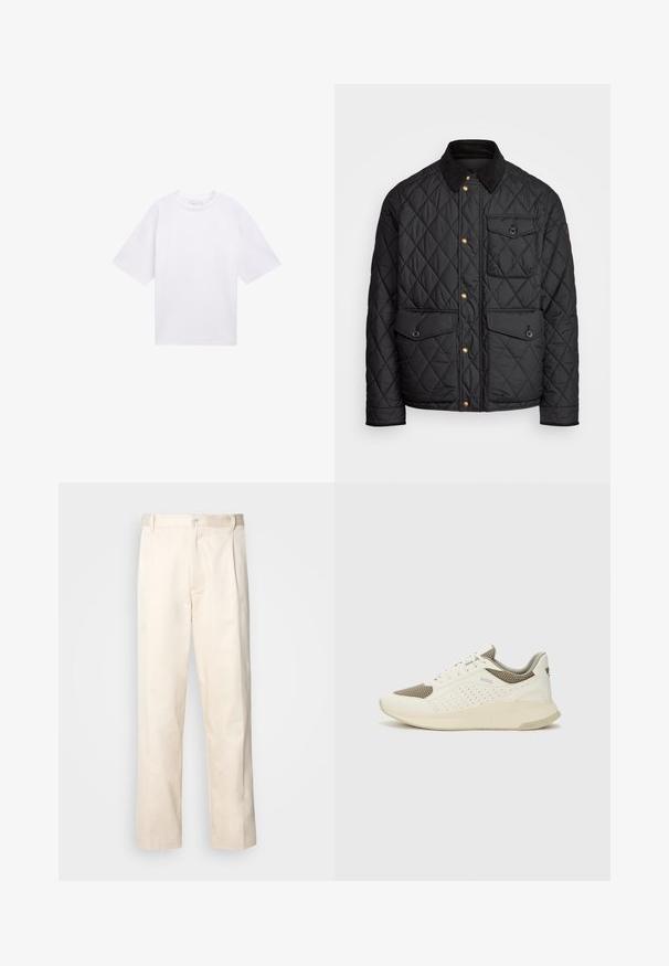 Must mustriga jakk, millel on sametkaelus, kuldsed nööbid, kaks eesmist taskut ja tasku vasakul küljel, millel on logotäht.; Valge lühikeste varrukatega T-särk, mis on valmistatud puuvillast. Mugav lõige ja ümmargune kaelus. Sile tekstuur ja ei mingeid nähtavaid mustreid või aksessuaare.; Beesidised puuvillased püksid sirge jala lõikega, mis on varustatud nööpkinnituse ja ees olevate voltidega, et lisada detaili.; Valge ja heledat beeži värvi spordijalats, millel on õhuke võrkmaterjal, perforatsioonidega detailid ning tekstuuriga vahetald, millel on brändi logo kannaosas.