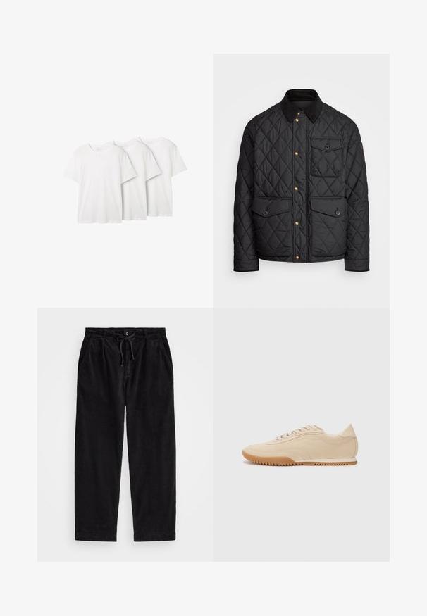 Schwarze gesteppte Jacke mit einem Cordkragen, goldenen Druckknöpfen, zwei Fronttaschen und einer Tasche auf der linken Seite, die ein Logopatch aufweist.; Drei schlichte weiße Rundhals-T-Shirts aus Baumwolle. Kurzärmlig mit lockerem Schnitt. Jedes hat ein Etikett am Halsauschnitt. Keine Muster oder Akzente.; Schwarze Cordhosen mit lässiger Passform, ausgestattet mit einem elastischen Bund mit Kordelzug und Seitentaschen. Der Stoff zeigt eine gerippte Struktur.; Beige Wildledersneaker mit einem schlanken Design, einer strukturierten Oberseite, abgerundetem Fuß und einer Gummisohle mit Zickzackmuster.
