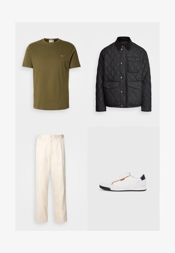 Črna prešita jakna s čimprijem ovratnikom, zlatimi gumbki, dvema sprednjima žepoma in enim žepom na levi strani, ki vsebuje žepno nalepko.; Olivno zelena kratka majica z kratkimi rokavi iz bombaža, z okroglim ovratnikom in majhnim vezenim logotipom na prsih. Gladka tekstura.; Bež cottone hlače s ravnim krojem, ki imajo gumbasto zapiranje in nabore spredaj za dodatne detajle.; Bele športne čevlje z mrežnimi in usnjenimi detajli. Opremljeni so z zlatim logotipom "BOSS", teksturiranimi stranskimi paneli in črnim kapcom na peti. Guma podplat.