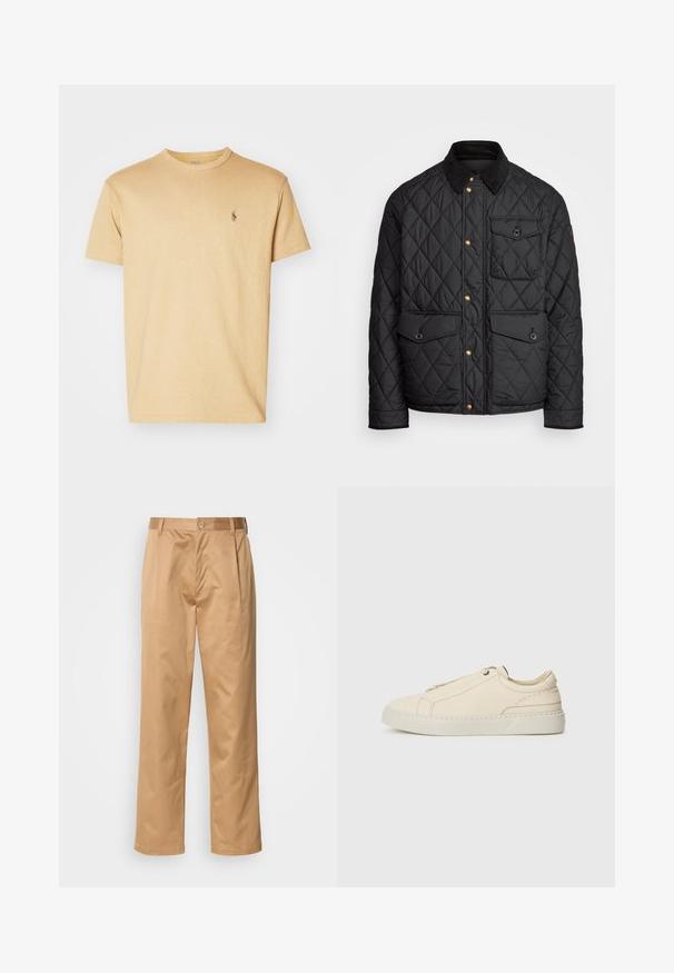 Casaco acolchoado preto com colarinho de veludo cotelê, botões de pressão dourados, dois bolsos frontais e um bolso no lado esquerdo, apresentando um patch de logotipo.; T-shirt de algodão amarelo de mangas curtas com decote redondo e um pequeno logo bordado no lado esquerdo do peito. Textura suave e lisa.; Calças caqui, mistura de algodão, design de pernas retas, pregas frontais, passantes para cinto e fecho com botão. Textura suave sem padrões.; Sneakers de pele bege com biqueira arredondada, design minimalista, detalhes de costura subtis e parte superior texturizada, em sola clara.