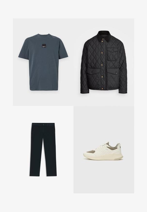 Giacca nera trapuntata con colletto in corduroy, bottoni a pressione dorati, due tasche frontali e una tasca sul lato sinistro, con un patch del logo.; Maglietta grigia scura a maniche corte in cotone con collo rotondo. Presenta un piccolo etichetta nera quadrata sul petto. Texture morbida.; Chinos di un blu navy scuro realizzati in tessuto misto cotone. Presentano passanti per cintura, tasche frontali e una chiusura con zip e bottone.; Sneaker atletica bianca e beige chiaro, con tomaia in mesh, dettagli perforati e una suola intermedia texturizzata con marchio sul tallone.