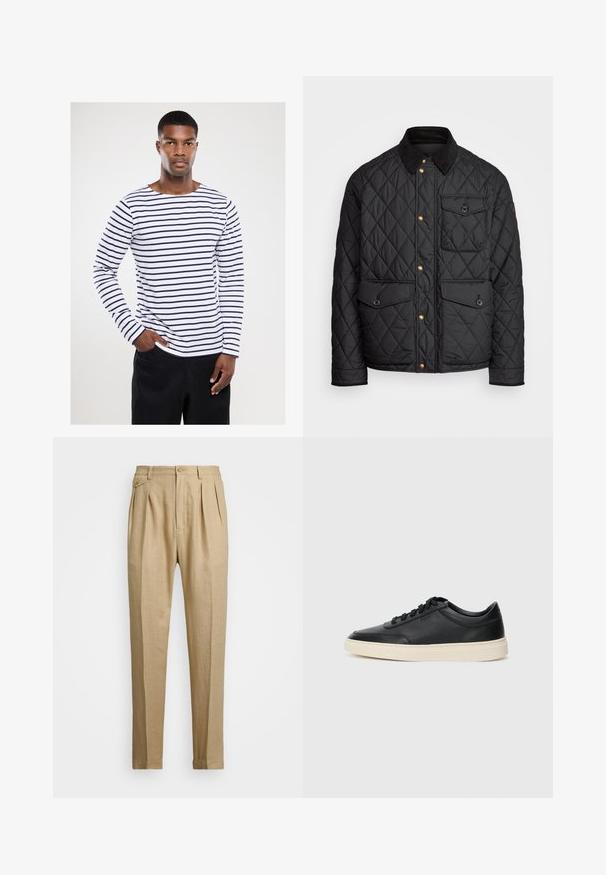 Sort quiltet jakke med en corduroy krave, guld trykknapper, to frontlommer og en lomme på venstre side, udstyret med et logo patch.; Langærmet stribet skjorte med marineblå og hvide vandrette striber, rund halsudskæring og en afslappet pasform, lavet af bomuldsstof.; Beige linnedbukser med lige snit, prydet med to forkørsler, knaplukning og sidelommer. Struktureret stof med en glat overflade.; Sort lavt top lædersneaker med sorte snørebånd og off-white sål vist i sideprofil på hvid baggrund.