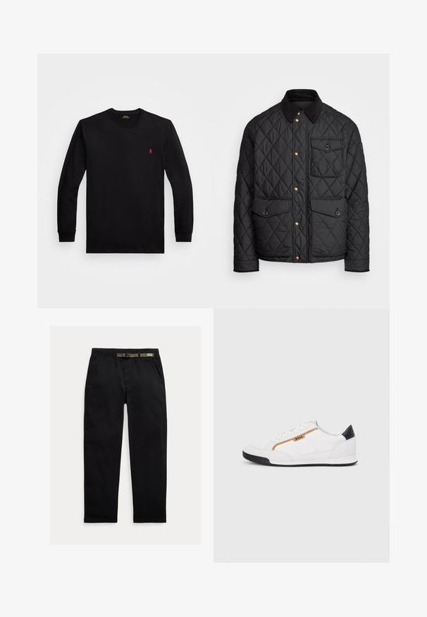 Black quilted jacket with a corduroy collar, gold snap buttons, two front pockets, and a pocket on the left side, featuring a logo patch.; Long-sleeve black cotton T-shirt with ribbed cuffs, crew neckline, and a small red logo on the left chest. Smooth texture, fitted design.; Black pants made of lightweight fabric, featuring an elastic waistband with an integrated green belt, straight-leg cut, and side pockets.; White athletic shoes with mesh and leather accents. Features a gold "BOSS" logo, textured side panels, and a black heel cap. Rubber sole.