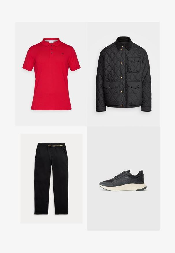 Must mustriga jakk, millel on sametkaelus, kuldsed nööbid, kaks eesmist taskut ja tasku vasakul küljel, millel on logotäht.; Punane puuvillane polo särk krae, kolme nupuga nööpide rida, lühikesed varrukad ja väike broderitud logo vasakul rinnal.; Kergedest kootud mustad püksid, millel on elastne vöökoht, integreeritud roheline vöö, sirge jalgade lõige ja küljetaskud.; Mustmustel must ja perforatsioonidega võrgust pehme pealispind, kreemiline tekstureeritud vahevööt ning kummist välistald, mis pakub haarduvust.