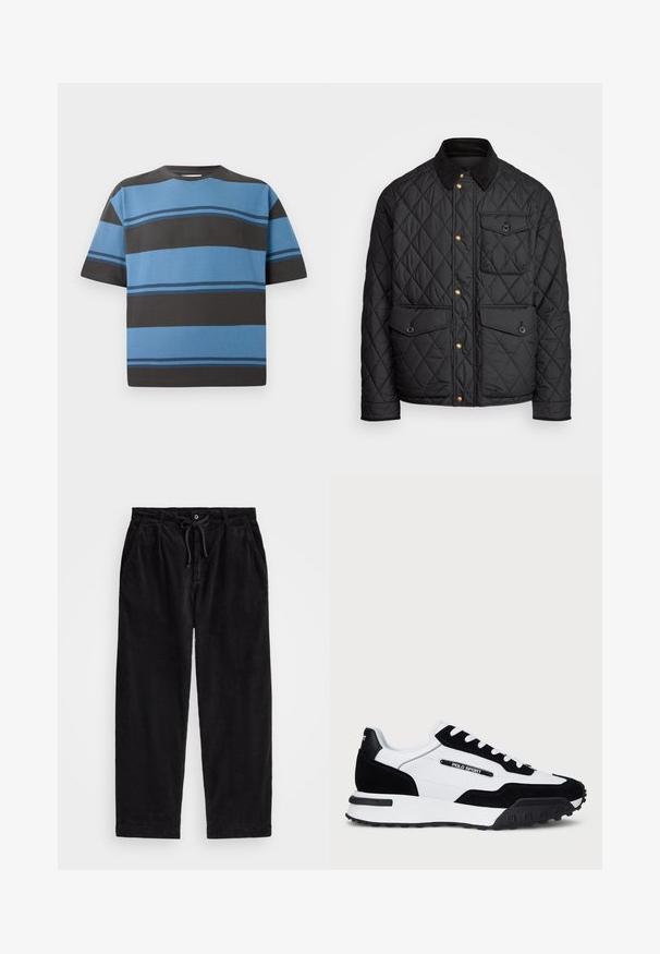 Black quilted jacket with a corduroy collar, gold snap buttons, two front pockets, and a pocket on the left side, featuring a logo patch.; Short-sleeve T-shirt in cotton with horizontal stripes in shades of blue and dark gray. Features a crew neck and relaxed fit.; Black corduroy pants with a relaxed fit, featuring an elastic waistband with a drawstring, and side pockets. Fabric shows ribbed texture.; Sneakers with a black suede and white leather upper, featuring a black rubber sole, white laces, and a "POLO SPORT" logo on the side.