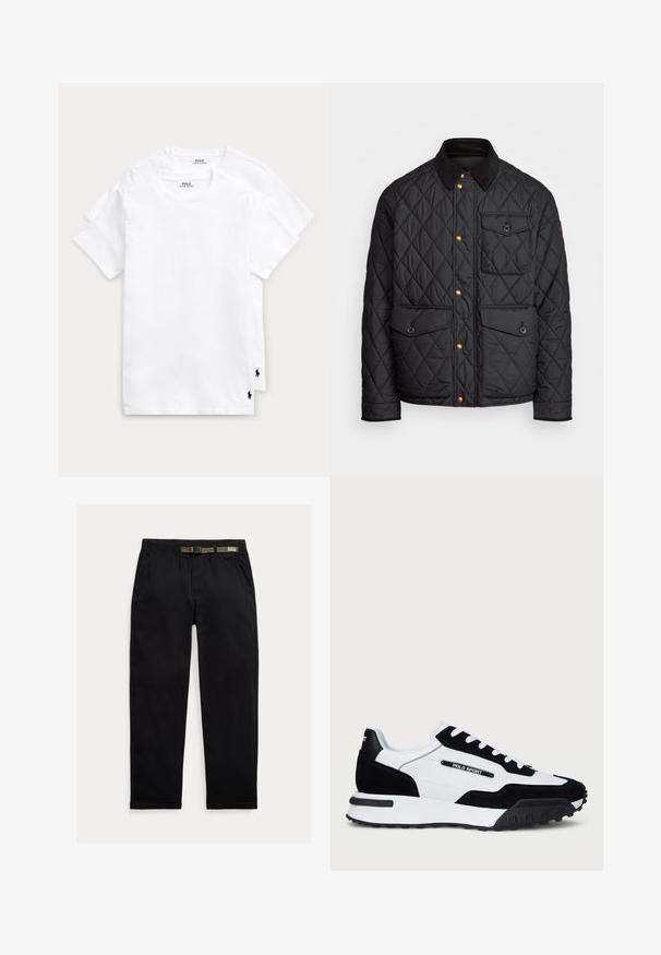 Černá prošívaná bunda s kordovým límcem, zlatými patentkami, dvěma předními kapsami a jednou kapsou na levé straně, která obsahuje nášivku s logem.; Dvě bílé bavlněné trička s kulatým výstřihem a krátkými rukávy, s malým černým logem polo na spodní levé straně.; Černé kalhoty vyrobené z lehkého materiálu, s elastickým pasem a integrovaným zeleným páskem, rovného střihu a bočními kapsami.; Tenisky s černým semišem a bílou koženou svrchní částí, s černou gumovou podrážkou, bílými tkaničkami a logem "POLO SPORT" na boku.