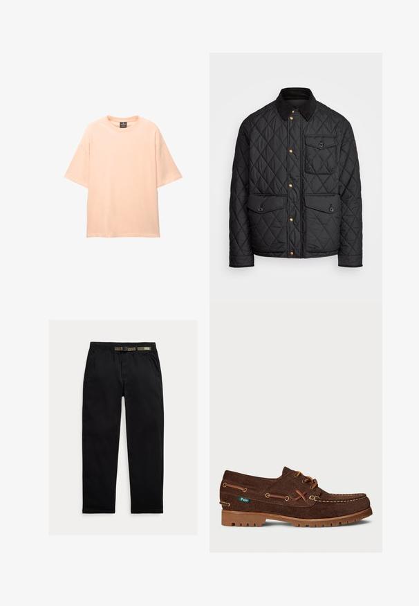 Giacca nera trapuntata con colletto in corduroy, bottoni a pressione dorati, due tasche frontali e una tasca sul lato sinistro, con un patch del logo.; T-shirt over-size color pesco realizzato in morbido cotone. Presenta un collo rotondo e maniche corte a sbuffo senza motivi o decorazioni.; Pantaloni neri in tessuto leggero, dotati di una cintura elastica integrata di colore verde, taglio dritto e tasche laterali.; Scarpa da barca in pelle scamosciata marrone con lacci color cammello, cuciture a contrasto, suola in gomma e piccolo tag verde del marchio Polo sul lato.
