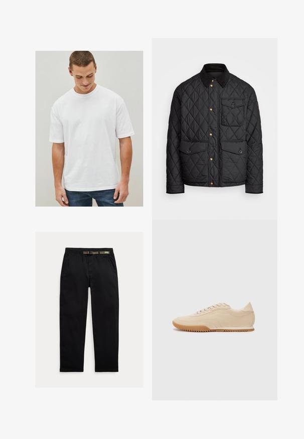 Zwarte gewatteerde jas met een corduroy kraag, gouden drukknoopsluitingen, twee voorzakken en een zak aan de linkerkant, voorzien van een logo patch.; Witte katoenen T-shirt met korte mouwen, relaxte pasvorm en ronde halslijn. Geen patronen of accenten, weergegeven met denim jeans.; Zwarte broek van lichtgewicht stof, met een elastische tailleband en een geïntegreerde groene riem, recht model en zijzakken.; Beige suede sneakers met een gestroomlijnd ontwerp, voorzien van een textuur bovenwerk, ronde neus en een rubberen zool met een zigzagpatroon.
