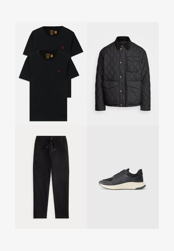 Svart quiltad jacka med en kordflöjelskrage, gyllene tryckknappar, två framfickor och en ficka på vänster sida, försedd med en logotypapplikation.; Svarta bomullströjor med rund hals i tvåpack, med en liten röd broderad logotyp på bröstet. Anpassad slim fit-design.; Svarta avslappnade byxor med elastiskt midjeband, snörning, framknapp och sidofickor, visade på en enfärgad bakgrund.; Svart atletisk sneakers med ovandel i mesh och perforeringar, en texturerad mellansula i krämfärg och en gummisula för bra grepp.