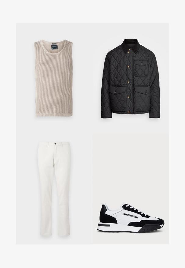 Black quilted jacket with a corduroy collar, gold snap buttons, two front pockets, and a pocket on the left side, featuring a logo patch.; Beige ribbed tank top with a round neckline, sleeveless design, and soft texture. Label stitched inside neck area, clean hem.; Jack & Jones PREMIUM JPSTMARCO DAVE - Chinos - antique white; Sneakers with a black suede and white leather upper, featuring a black rubber sole, white laces, and a "POLO SPORT" logo on the side.