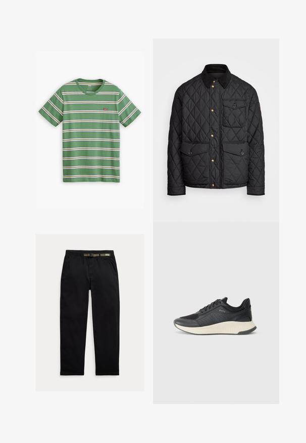 Must mustriga jakk, millel on sametkaelus, kuldsed nööbid, kaks eesmist taskut ja tasku vasakul küljel, millel on logotäht.; Roheline triibuline T-särk, mis on valmistatud puuvillast, horisontaalsete valgete, kollaste ja siniste triipudega, rinnas on väike punane Levi'si logo.; Kergedest kootud mustad püksid, millel on elastne vöökoht, integreeritud roheline vöö, sirge jalgade lõige ja küljetaskud.; Mustmustel must ja perforatsioonidega võrgust pehme pealispind, kreemiline tekstureeritud vahevööt ning kummist välistald, mis pakub haarduvust.