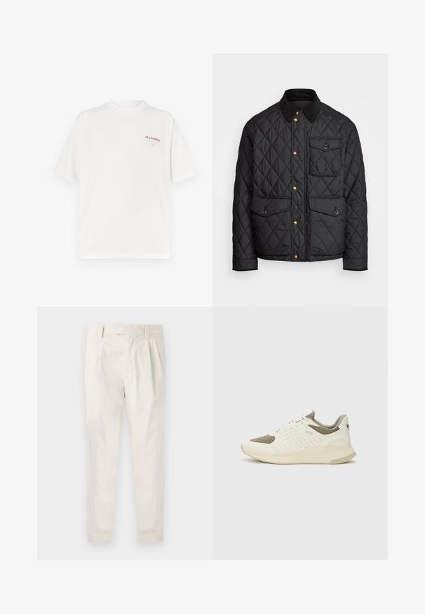 Schwarze gesteppte Jacke mit einem Cordkragen, goldenen Druckknöpfen, zwei Fronttaschen und einer Tasche auf der linken Seite, die ein Logopatch aufweist.; Weißes Baumwoll-T-Shirt mit Rundhalsausschnitt, kurzen Ärmeln und rotem Logo auf der linken Brust, mit glatter Textur und lässiger Passform.; Weiße, plissierte Hose mit taillierten Schnitt, die eine glatte Textur, Gürtelschlaufen und schmal zulaufende Beine aufweist. Keine sichtbaren Taschen oder Muster.; Weiße und hellbeige Sport Sneakers, ausgestattet mit einem Obermaterial aus Netzgewebe, perforierten Details und einer strukturierten Zwischensohle mit Branding an der Ferse.