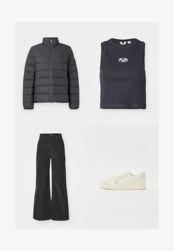 Pufasta jakna tamno siva, s visokom kragnom, punim patentnim zatvaračem sprijeda i horizontalnim šavovima za dodatnu izolaciju i teksturu.; Crni rebrasti crop top s okruglim izrezom i bez rukava. Ima bijeli logo centriran na prsima. Glatka tekstura.; Crne kordura široke hlače s visokim strukom, prednjim džepovima i kopčanjem na dugme. Tkanina ima mekan, teksturiran površinski sloj.; Bijele tenisice s akcentima od antilopa, teksturiranom kožom, perforiranim detaljima, okruglim vrhom, ravnim potplatom i vezanjem.