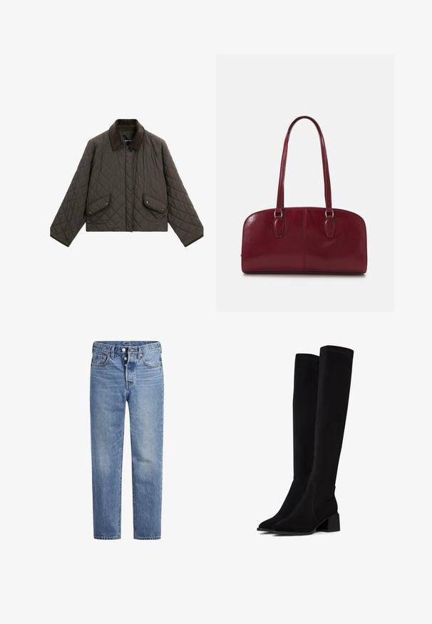 Pikowana, ciemnooliwkowa kurtka z kołnierzem z sztruksu, z dwoma przednimi kieszeniami zapinanymi na napy oraz pudełkowym krojem.; Biała bawełniana koszulka z krótkim rękawem, okrągłym dekoltem i gładką fakturą. Tył jest gładki, bez dodatkowych wzorów czy zdobień.; Jasnoniebieskie jeansy denimowe o prostym kroju, z pięcioma kieszeniami i zapięciem na guziki. Charakteryzują się delikatnym wyblaknięciem oraz pomarańczowymi przeszyciami.; Czarne kozaki za kolano wykonane z miękkiego, teksturowanego materiału. Posiadają słupkowy obcas, spiczasty nos i widoczne przeszycia.; Zign MURREN ciemnoczerwony