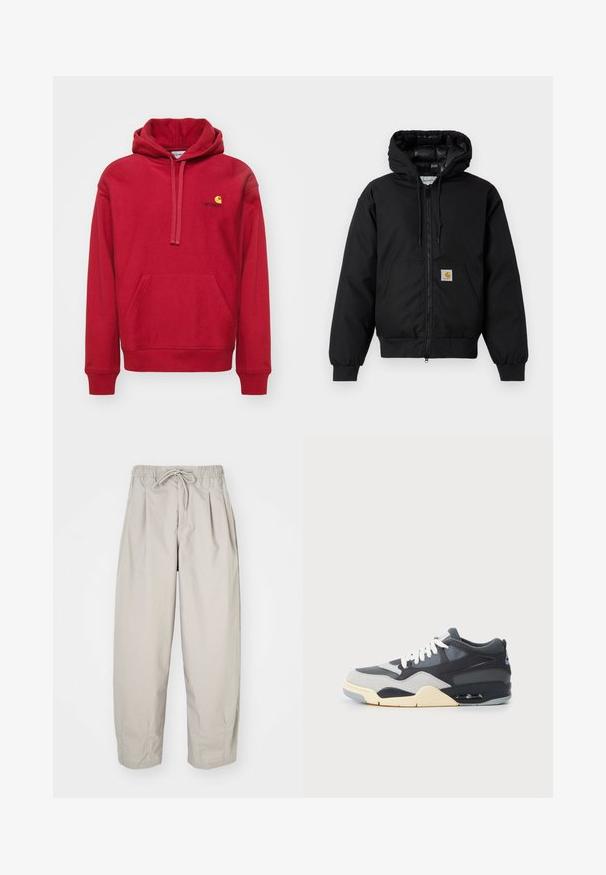 Sort Carhartt hættetrøje med frontlynlås, kengurulomme, ribbede manchetter og logo-patch på lommen.; Carhartt WIP HOODED AMERICAN SCRIPT - Hættetrøje - tuscany; Beige, lette bukser med elastisk talje og snor. Har plisseringer og en løs pasform, lavet af blødt, glat stof.; Sneaker med en overdel i blandede materialer i grå og marineblå, polstret sål, hvide snørebånd og et blåt akkcentlogo på hælen.