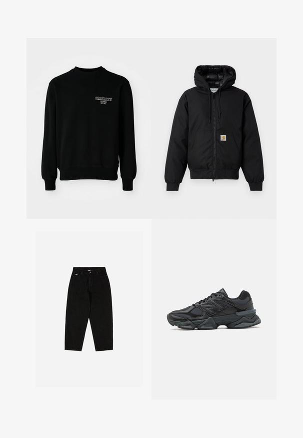 Schwarze Carhartt Kapuzenjacke mit Frontreißverschluss, Kängurutasche, gerippten Bündchen und Logopatch auf der Tasche.; Schwarzer Rundhalsausschnitt-Sweatshirt aus Baumwollmischgewebe, mit gerippten Bündchen und Saum, und einem kleinen weißen gestickten Logo auf der Brust.; Schwarze Jeans aus Denim mit hohem Bund, geradem Bein und dezentem Logo auf der vorderen Tasche. Verfügt über klassischen Fünf-Taschen-Style.; Schwarzer Laufschuh mit einer Mischung aus Mesh- und sinthetischen Materialien, dicke Sohle, geschwungenes Design und auffälliger Markenkennzeichnung an der Seite.