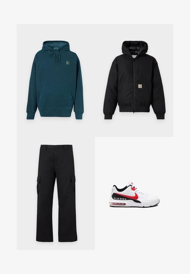 Czarna, bawełniana kurtka z kapturem Carhartt z przednim zamkiem błyskawicznym, kieszenią kangurką, ściągaczami przy mankietach oraz naszywką z logo na kieszeni.; Bluza z kapturem w ciemnym morskim kolorze. Posiada przednią kieszeń typu kangur, regulowane sznurki oraz małą naszywkę z logo na piersi.; Czarne spodnie cargo o prostym kroju. Wykonane z trwałej tkaniny, posiadają dwie boczne kieszenie z klapkami oraz zapięcie na guzik.; Białe buty sportowe z czarnymi i czerwonymi akcentami, z gładką skórzaną cholewką, sznurowanym przodem i widoczną poduszką powietrzną w podeszwie.
