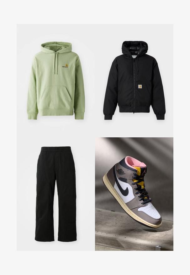 Schwarze Carhartt Kapuzenjacke mit Frontreißverschluss, Kängurutasche, gerippten Bündchen und Logopatch auf der Tasche.; Hellgrüner Pullover-Hoodie aus weichem Stoff, mit einer Kängurutasche, einer Zugkordelkapuze und einem kleinen gestickten Logo auf der Brust.; Schwarzes Baumwoll-T-Shirt mit kurzen Ärmeln, rundem Halsausschnitt und einer linken Brusttasche mit einem quadratischen Logo-Patch. Schlichtes und unauffälliges Design.; Schwarze Baumwollhosen mit einem elastischen Bund, weitem Beinansatz und großen Seitentaschen. Der Stoff wirkt weich mit einer glatten Textur.; Hohe Nike Air Jordan Sneaker in Weiß, Grau und Schwarz mit pinkem Innenfutter und gelber Zunge, auf einer Betontfläche platziert.