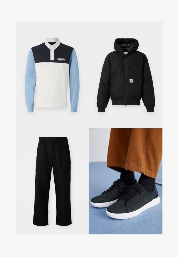 Juodas Carhartt džemperis su gobtuvu, priekiniais užtrauktukais, kengūros kišene, raibstais rankogalviais ir logotipo pleistru kišenėje.; Ilgomis rankovėmis polo marškiniai su baltu korpusu, tamsiai mėlynomis petnešomis ir šviesiai mėlynomis rankovėmis. Marškiniai turi apykaklę ir logotipą ant krūtinės.; Juodos tiesios kojos kelnės su diržo kilpomis, priekyje mygtuku ir užtrauktuku šviesiame vienodame fone.; Juodi zomšiniai sneakeriai su baltais guminiais padais, su raištelių uždėjimo dizainu, tekstūruotais akcentais ir subtiliu prekių ženklu, derinami su rudomis kelnėmis.