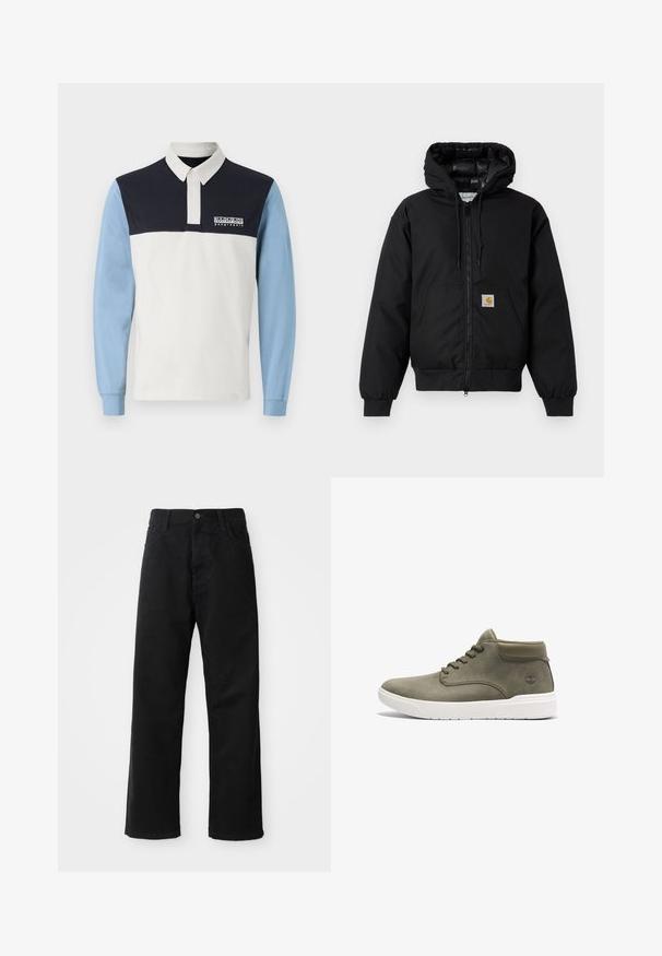 Must värvi Carhartt kapuutsiga jakk, millel on ees viis zipperit, känguru tasku, soonikkoes varrukad ja logo patch taskul.; Pikend varrukatega polo särk, millel on valge keha, tumesinised õlad ja helesinised varrukad. Sisaldab krae ja logo rinna peal.; Mustadest denimist püksid sirge lõikega, mis sisaldavad ees taskuid, lukufliisi ja ühte ülemist nööpi. Tekstureeritud kangas mati viimistlusega.; Roheline nahkne kõrge toss valge tallaga, ümmargune varvas, lame paelad ja diskreetne logo küljel. Sile tekstuur minimaalsete detailidega.