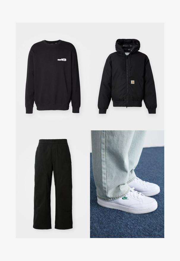 Jachetă cu glugă Carhartt de culoare neagră, cu fermoar frontal, buzunar tip kangaroo, manșete ribbate și patch cu logo pe buzunar.; Hanorac negru din bumbac. Are un guler rotund, mâneci lungi și un mic print grafic alb în partea stângă sus a pieptului.; Pantaloni negri din bumbac cu talie elastică, design cu picioare largi și buzunare laterale mari. Materialul pare moale, cu o textură fină.; Adidași din piele albă cu logo-ul Nike verde, vârf rotund, talpă plată, asortați cu pantaloni din denim bleu deschis, prezentați pe un covor albastru.