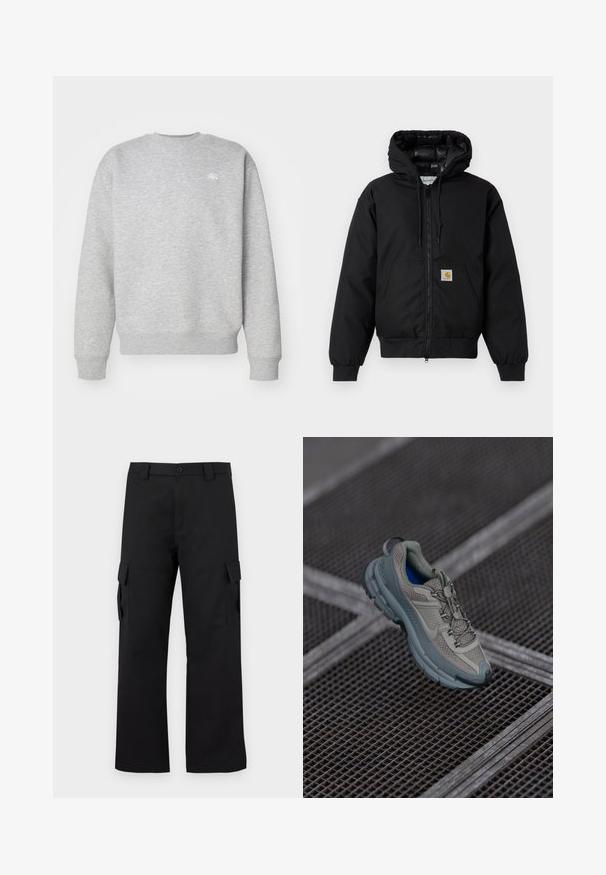 Casaco com capuz Carhartt preto, com fecho na frente, bolso tipo canguru, punhos canelados e patch do logo no bolso.; Sweatshirt cinza de gola redonda feito de material fleece, apresentando punhos e bainha canelados, com um pequeno logotipo branco no peito.; Calças cargo pretas com um design de perna reta. Feitas de um tecido durável, apresentam dois bolsos laterais com fechos de aba e um fecho de botão.; Sapatilha atlética bege e cinza com parte superior em malha texturizada, ponta arredondada e sola de borracha, com atacadores e colarinho almofadado.