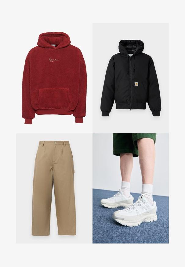 Juodas Carhartt džemperis su gobtuvu, priekiniais užtrauktukais, kengūros kišene, raibstais rankogalviais ir logotipo pleistru kišenėje.; Raudonas flisinis džemperis su tekstūruota paviršiumi, priekyje esančia kišenė ir suvarstoma kapuca. Pakabintas auksinis siuvinėjimas ant krūtinės.; Šviesiai rudos spalvos plačiakojos kelnės, pagamintos iš medvilnės mišinio, turinčios aukštą liemenį, priekyje raukšles ir dvi šonines kišenes su mygtuko uždarymu.; Baltos sportinės bateliai su tekstūruotais uždengimais, masyviu padu ir pilkais akcentais. Dėvimi su baltais trumpais kojiniais ir žaliais šortais mėlyname paviršiuje.